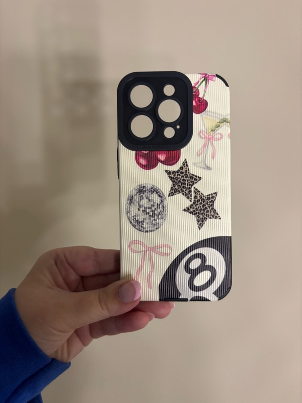 iPhone 15 Pro White Phone Case with Cherry & Star Design